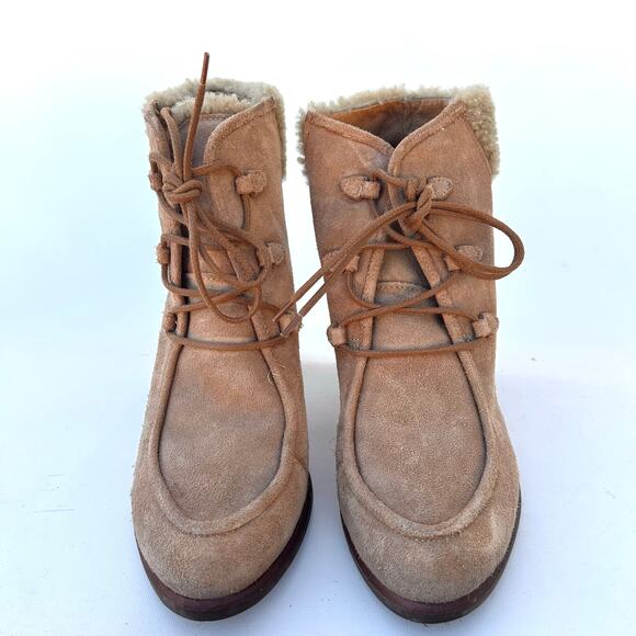 UGG Analise Suede Shearling High Heeled Booties Ankle Boots Tan 9.5 - Picture 4 of 9